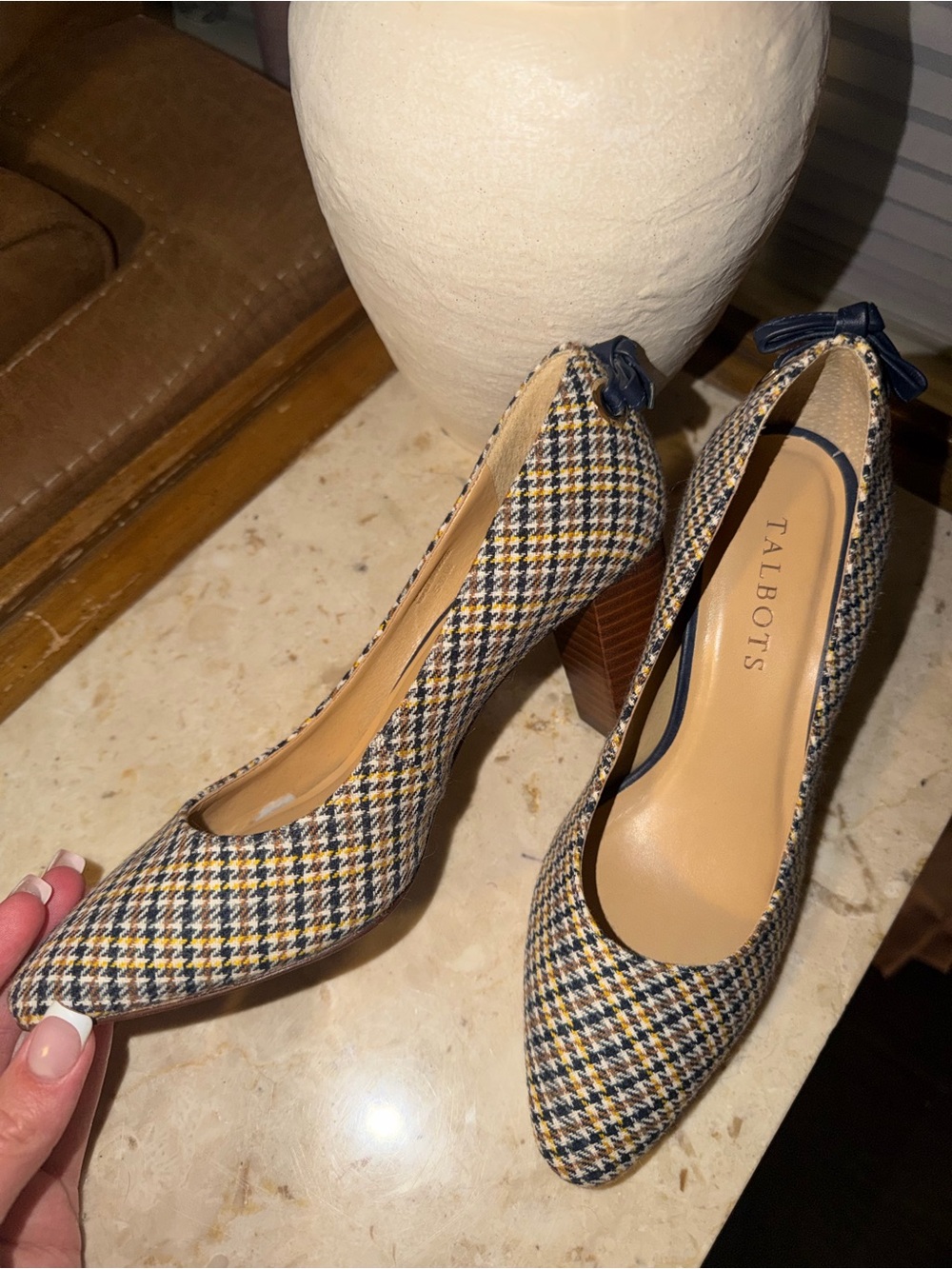 Talbots Navy, Yellow and White Houndstooth Pointed-Toe Pumps